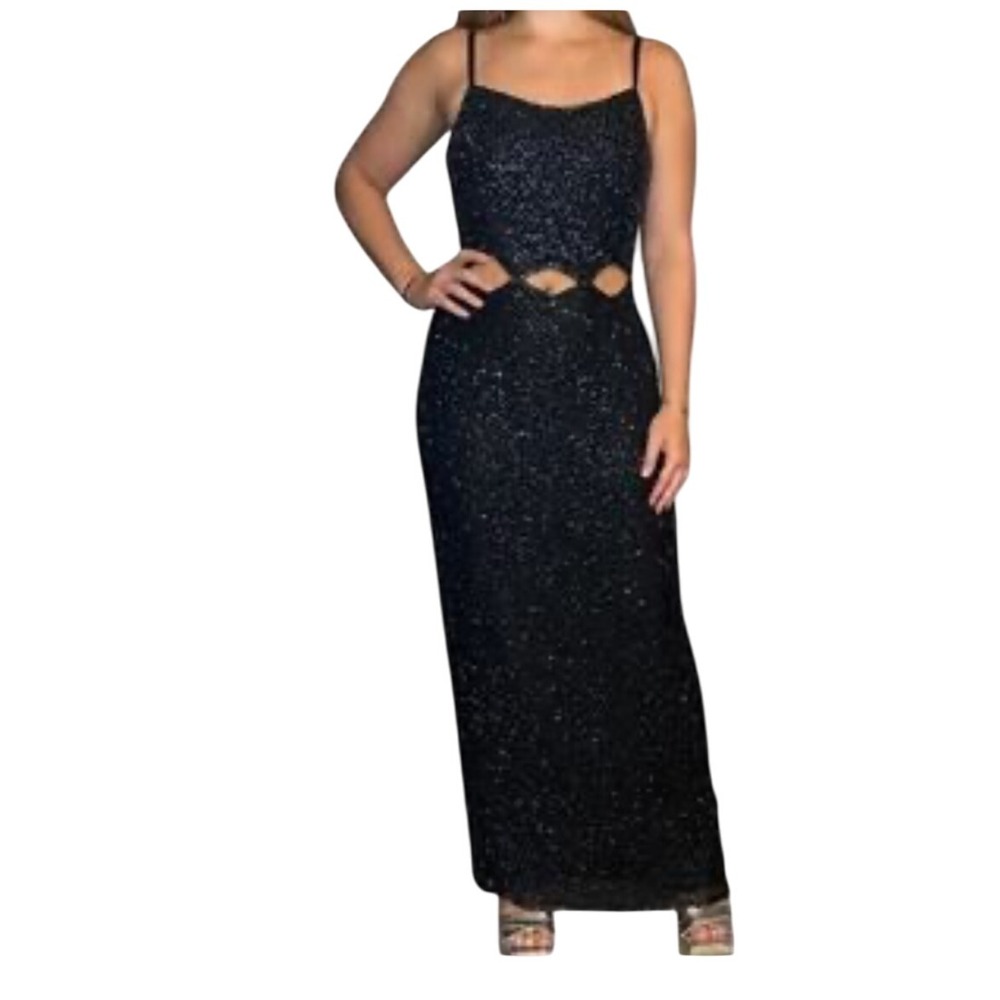 Sparkling Black Sequin Cutout Evening Maxi Dress Spaghetti Straps Formal Gown